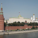 View across the Moskva River to the Great Kremlin Palace and domes of the Kremlin's Cathedrals
